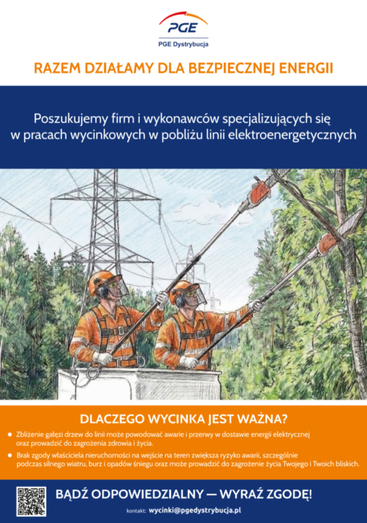 Pracownicy w pomarańczowych uniformach przycinają drzewa obok linii energetycznych. W tle widać słupy i zielone drzewa. Grafika ma niebiesko-pomarańczowe tło z tekstem o pracach wycinkowych.