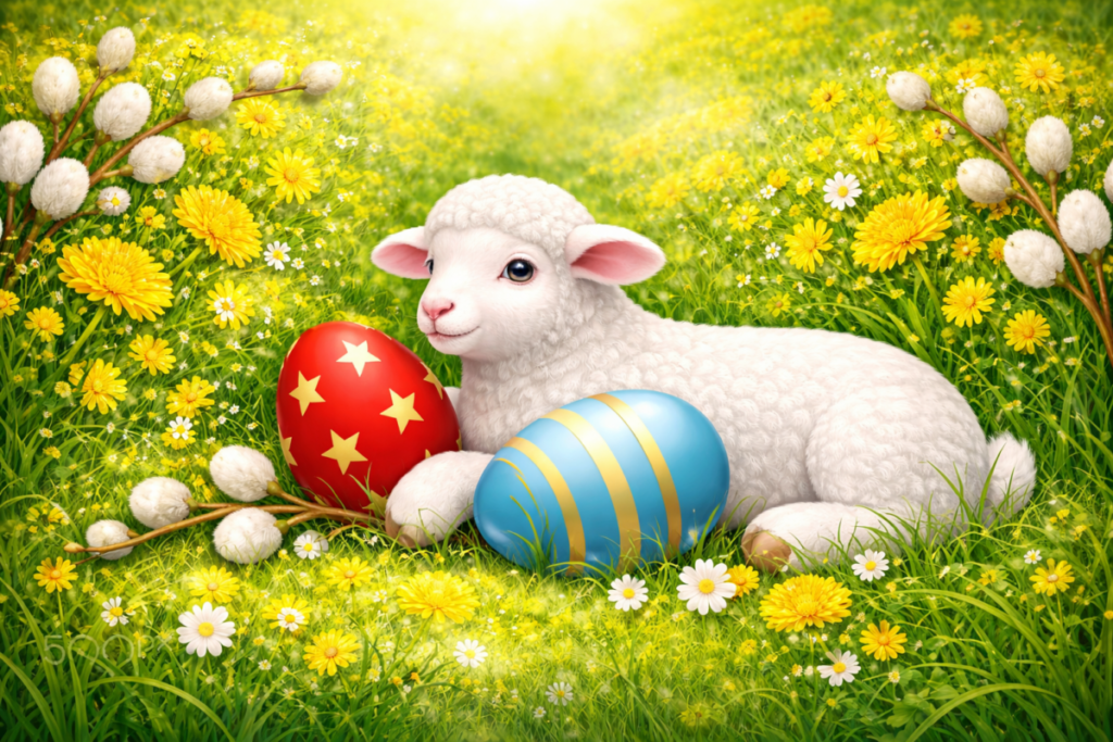 Na zielonej łące siedzi biały baranek między pisankami; tło stanowią żółte kwiaty i bazie.