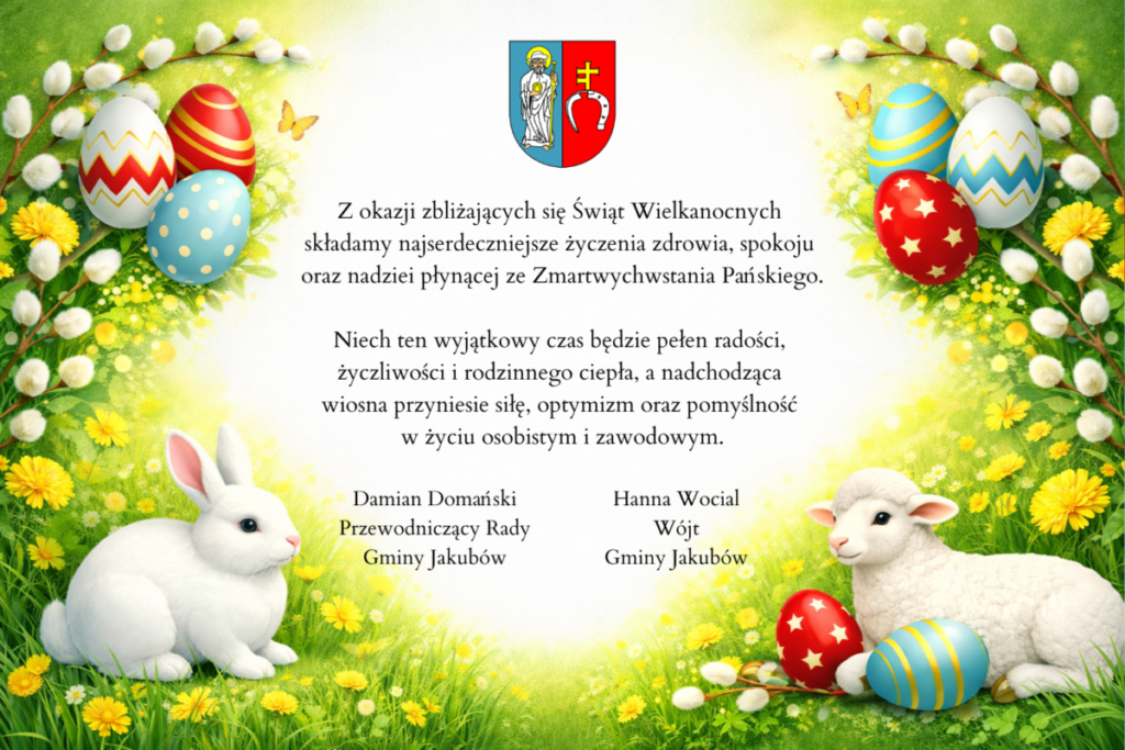 Kartka wielkanocna z życzeniami, kolorowe pisanki i wiosenny krajobraz z kwiatami, barankiem i zajączkiem na zielonym tle.