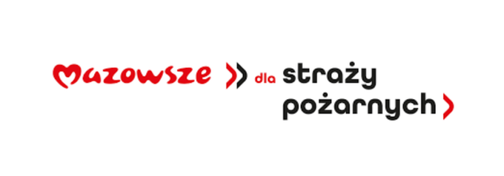 Tekst Mazowsze dla straży pożarnych w czerwonej i czarnej czcionce. Tło białe. Obok tekstu znajdują się czerwone strzałki.