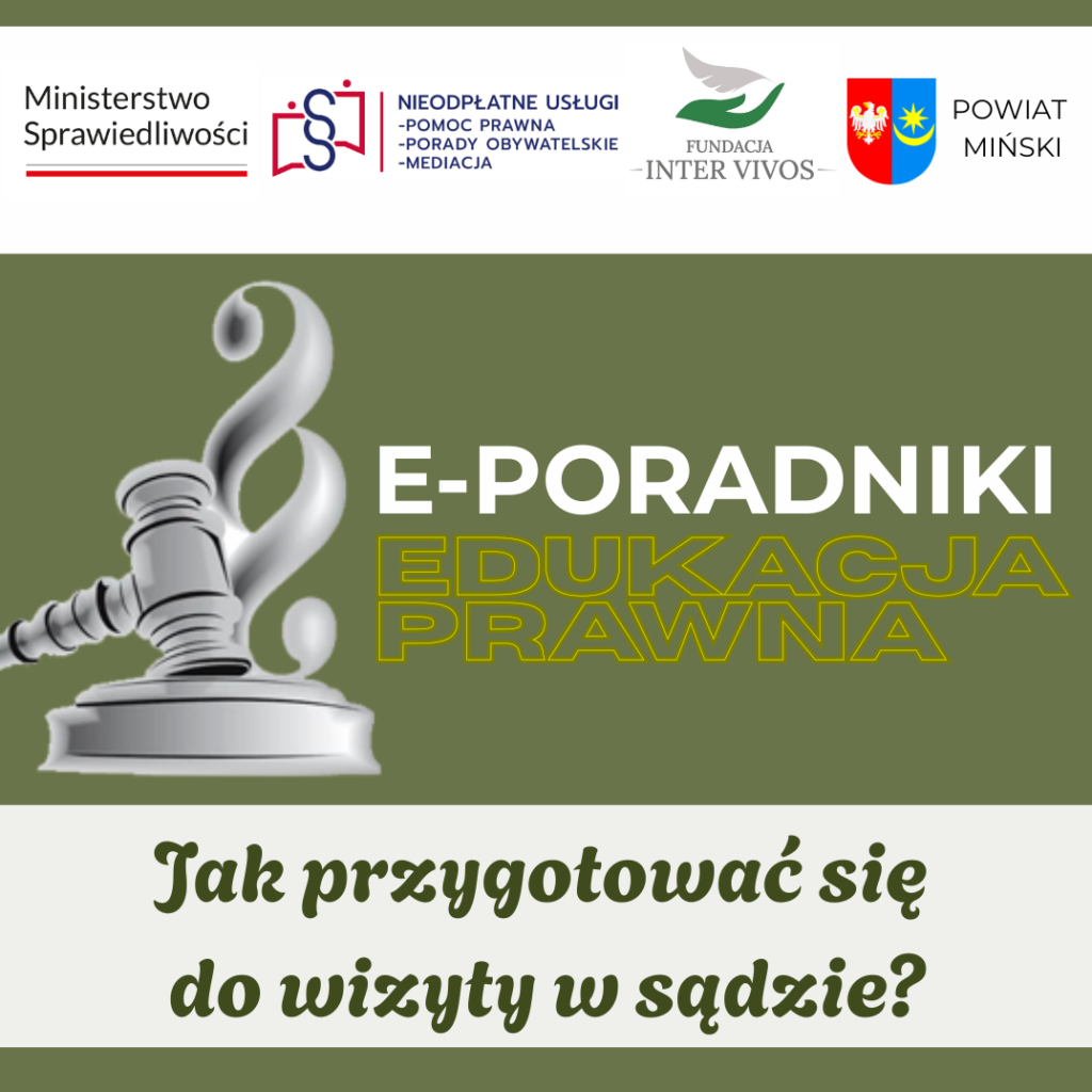 Ilustracja przedstawia srebrny pion szachowy na oliwkowym tle z napisem E-PORADNIKI EDUKACJA PRAWNA. Na górze są loga instytucji.