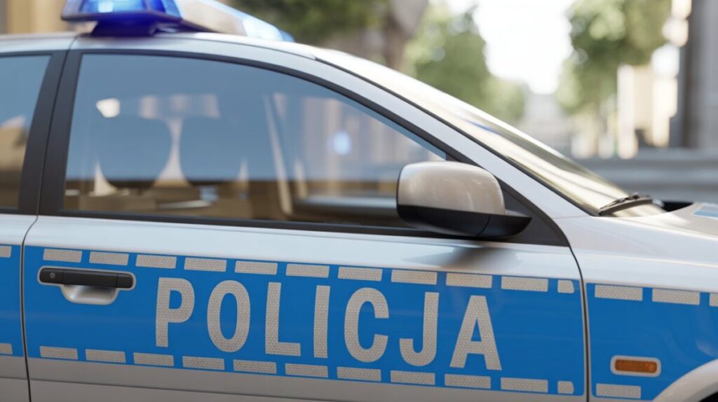 Radiowóz policyjny z niebieskim napisem „Policja” i sygnałem świetlnym. Białe i niebieskie kolory nadwozia. Tło rozmyte, drzewa i budynki.