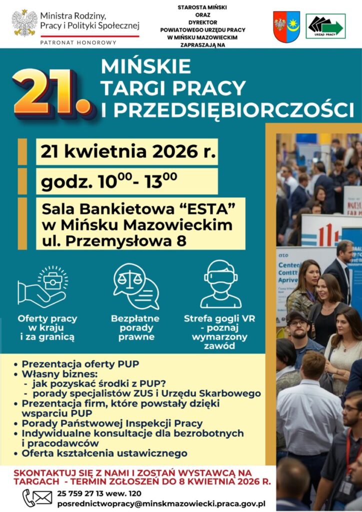 Plakat przedstawia Mińskie Targi Pracy 2026. Dominuje kolor niebieski i żółty. Zawiera datę, miejsce i atrakcje wydarzenia.