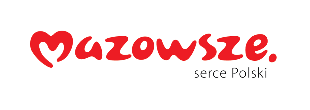 Logo przedstawia napis Mazowsze w czerwonym kolorze na białym tle. Obok znajduje się mniejszy napis serce Polski. Styl pisma jest miękki i zaokrąglony.