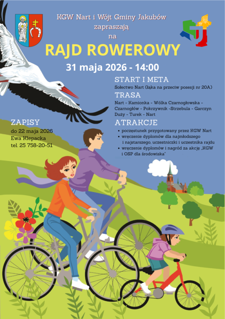 Ilustracja przedstawia rodzinę jadącą na rowerach wśród zielonych wzgórz, z kościołem w tle i bocianem w locie. Kolorowy plakat promuje rajd rowerowy 31 maja 2026 r. Tło jest niebieskie z zielonymi akcent