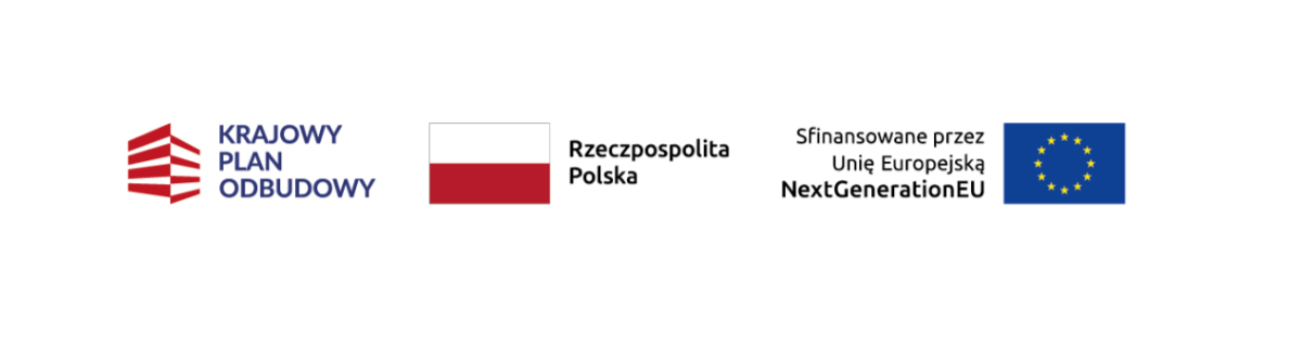 Trzy ikony na białym tle. Po lewej logo Krajowy Plan Odbudowy, pośrodku flagi Polski, po prawej flaga UE.