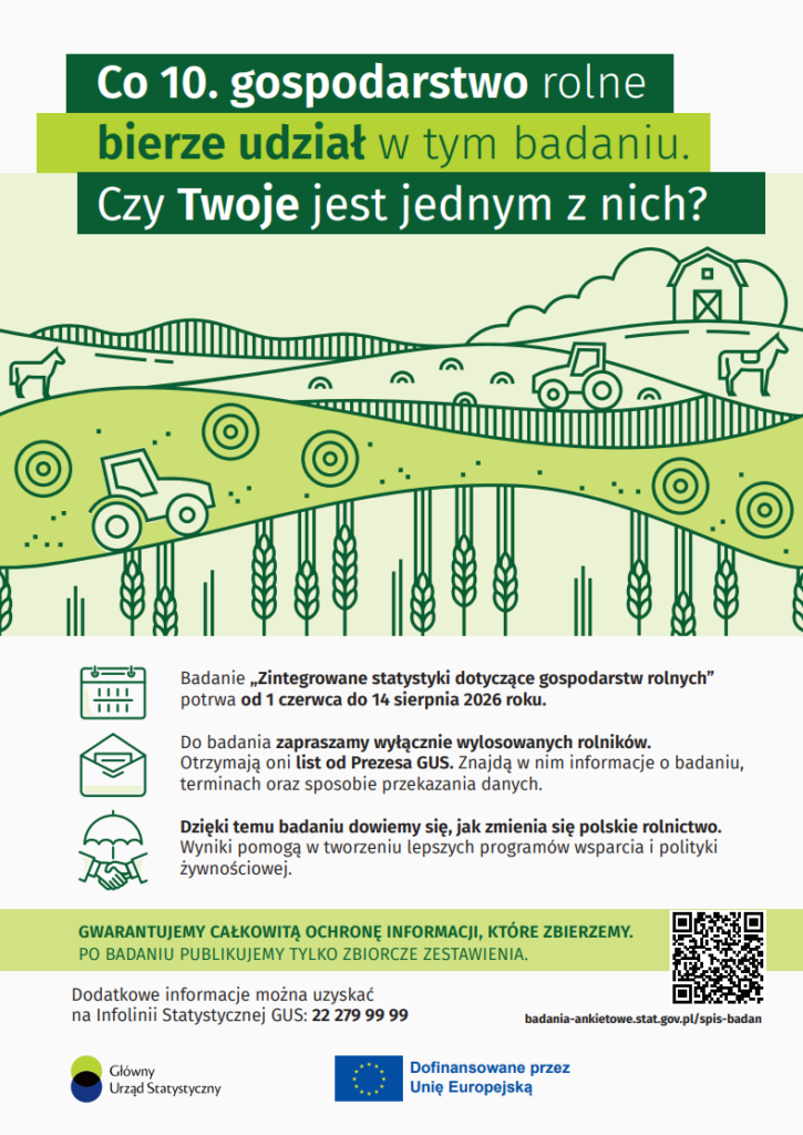 Infografika o badaniu rolnym GUS z zieloną grafiką wsi. Tekst informuje o terminie i szczegółach badania rolniczego. Na dole logo GUS i UE oraz dane kontaktowe.
