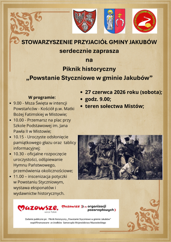 Plakat zaprasza na Piknik historyczny w gminie Jakubów. Na kremowym tle są herby, szczegóły programu i czarno-biały obraz. Wydarzenie odbędzie się 27 czerwca 2026 roku.