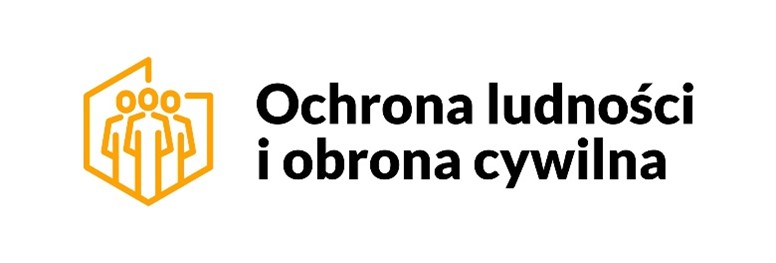 Logo z żółtym symbolem trzech osób w sześciokącie po lewej. Obok czarny napis: Ochrona ludności i obrona cywilna. Białe tło.