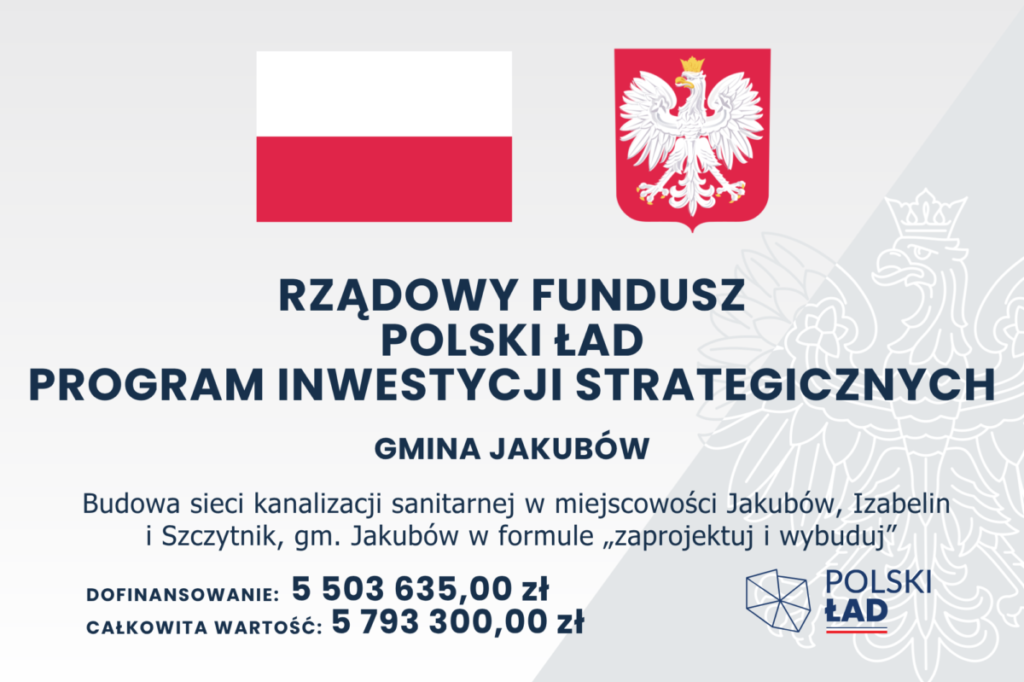 Flaga i godło Polski na jasnym tle. Napis informujący o rządowym funduszu inwestycyjnym dla gminy Jakubów. Wartości finansowe: dofinansowanie 5,5 mln zł, całkowita 5,8 mln zł.