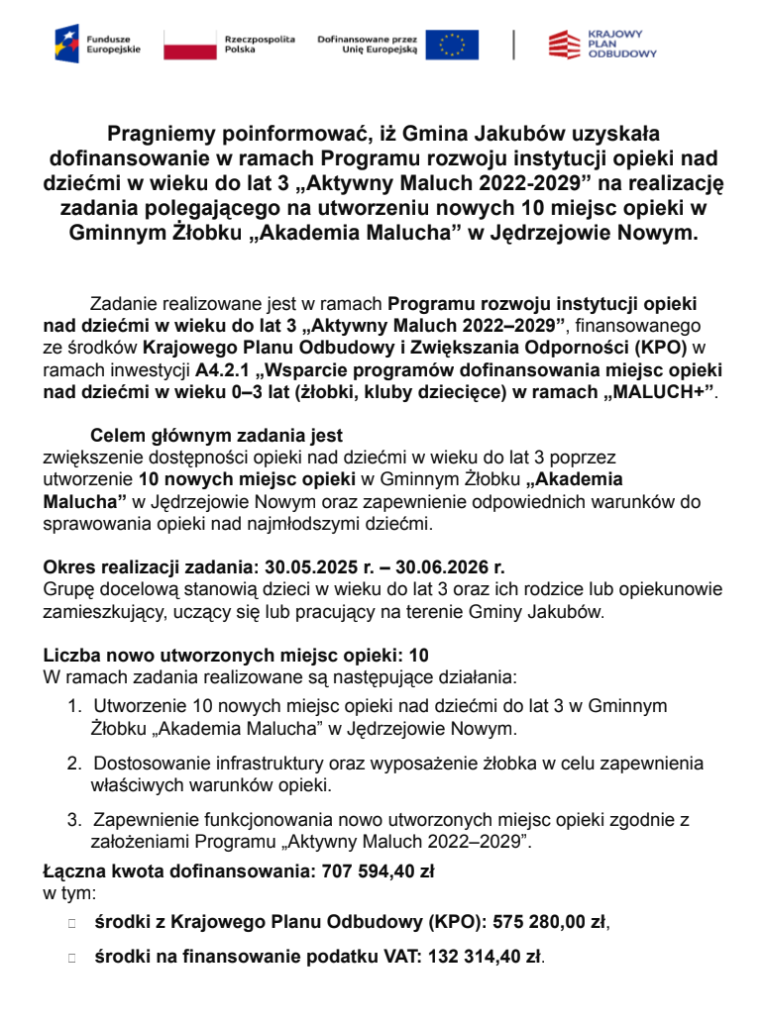 Dokument informuje o dofinansowaniu projektu Aktywny Maluch przez Gminę Jakubów. Dominuje biały tekst na czarnym tle, są też logo programów unijnych. Kluczowe informacje: liczba miejsc opieki, daty realizacji, łączna kwota do