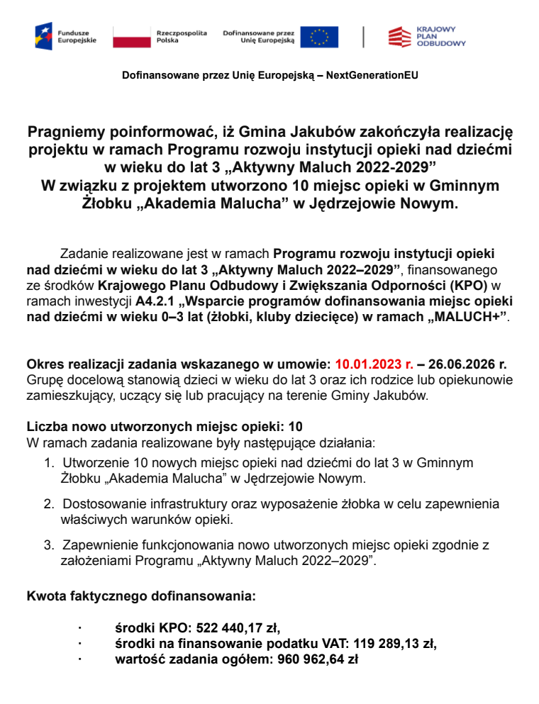 Obraz przedstawia tekst informujący o projekcie rozwoju opieki nad dziećmi. U góry znajdują się logotypy Funduszy Europejskich, Rzeczpospolitej Polskiej i Krajowego Planu Odbudowy na białym tle. Dokument dotyczy zakończenia projektu