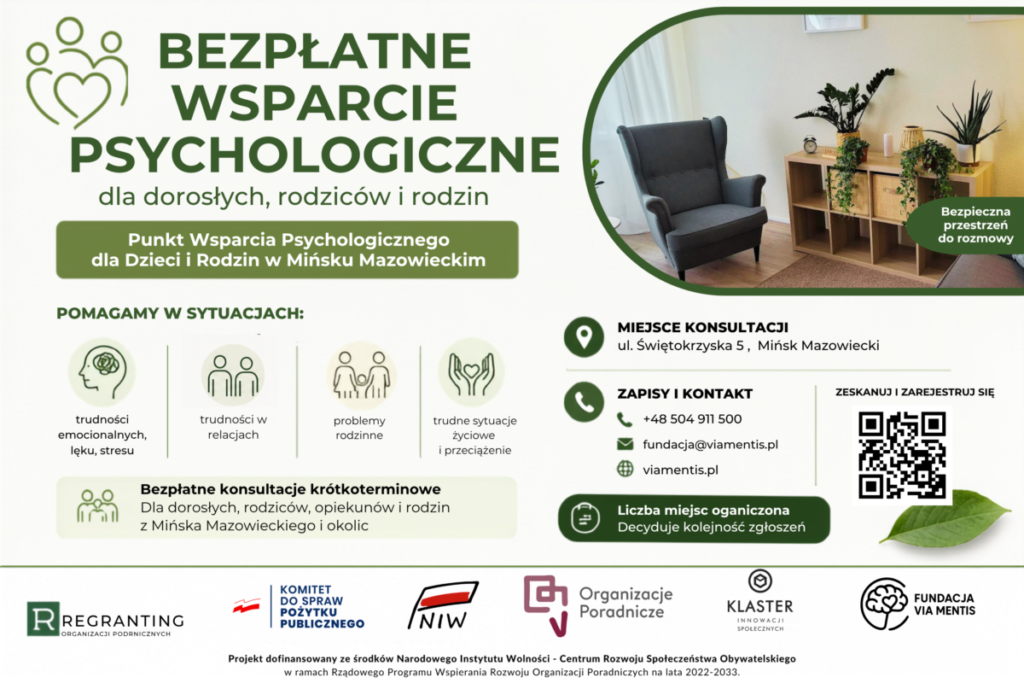 Plakat informuje o bezpłatnym wsparciu psychologicznym w Mińsku Mazowieckim. Dominują zielone i białe kolory. Po prawej stronie widoczny jest przytulny pokój rozmów.