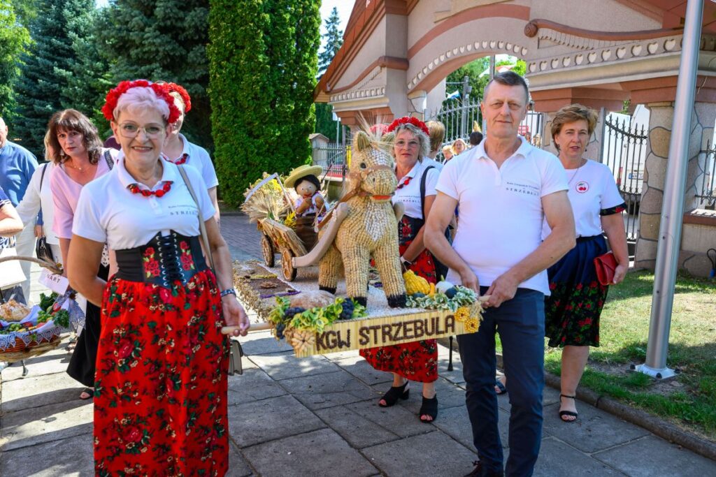 Grupa osób w tradycyjnych strojach, trzyma ozdobny wózek z figurką konia z kłosów. Kolory głównie białe, czerwone i zielone. W tle zielone drzewa i brama budynku.