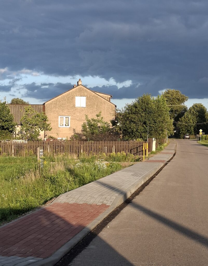 Dom z jasnego materiału stoi obok drewnianego płotu; droga i chodnik wiodą wzdłuż zieleni. Niebiesko-szare chmury na niebie. Tło tworzą drzewa.