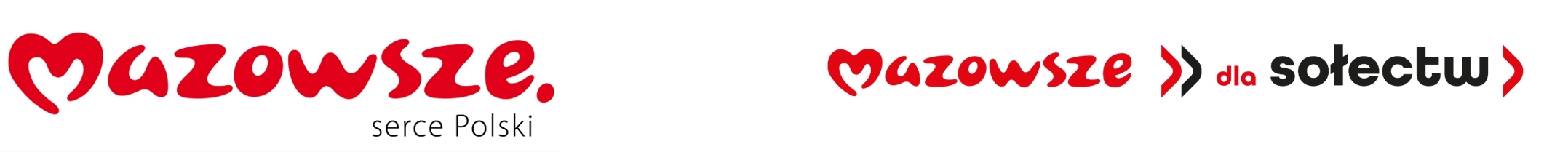 Logo Mazowsze serce Polski w czerwonych i czarnych literach na białym tle. Obok napis Mazowsze dla sołectw. Tło jest białe.