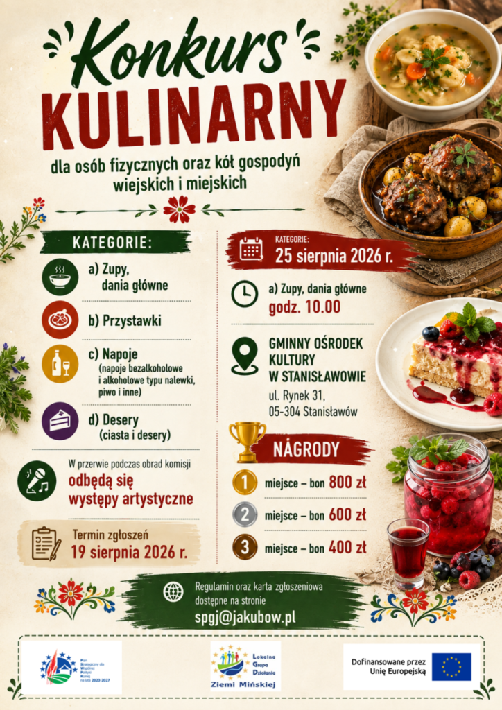 Plakat promuje konkurs kulinarny z kolorowymi zdjęciami potraw. Browzowe i zielone akcenty uzupełniają tło ecru. Informuje o nagrodach i szczegółach wydarzenia.