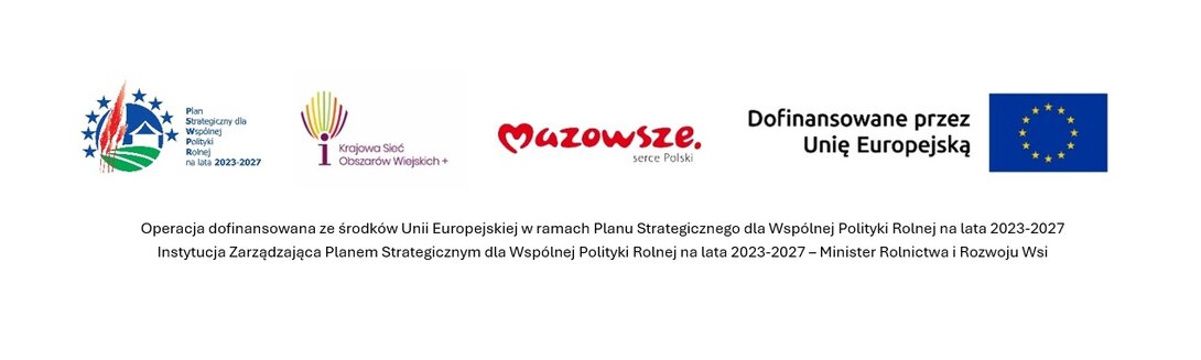 Na białym tle znajdują się cztery logotypy: Plan Strategiczny UE, Krajowa Sieć Obszarów Wiejskich, Mazowsze i flaga UE. Poniżej widnieje tekst o dofinansowaniu z UE na lata 2023-2027.