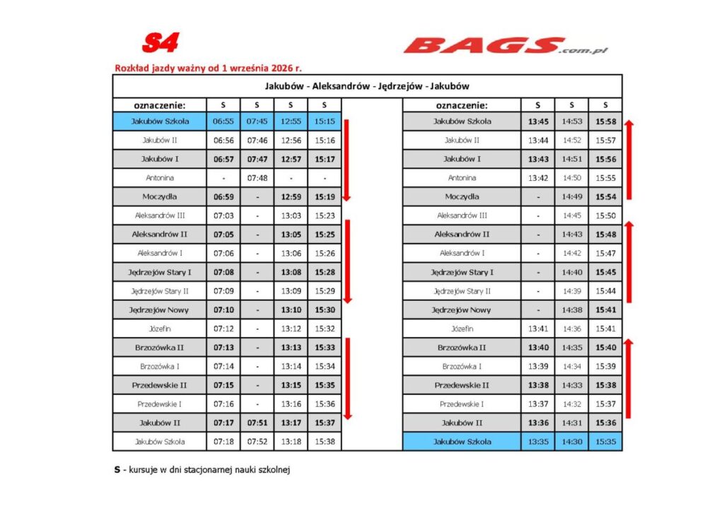 Rozkład jazdy autobusów z datami i godzinami przystanków. Tło białe, tekst czarny z czerwonymi akcentami, niektóre pola szare i niebieskie. Strzałki wskazują kierunki podróży między Jakubowem, Aleksandrowem i