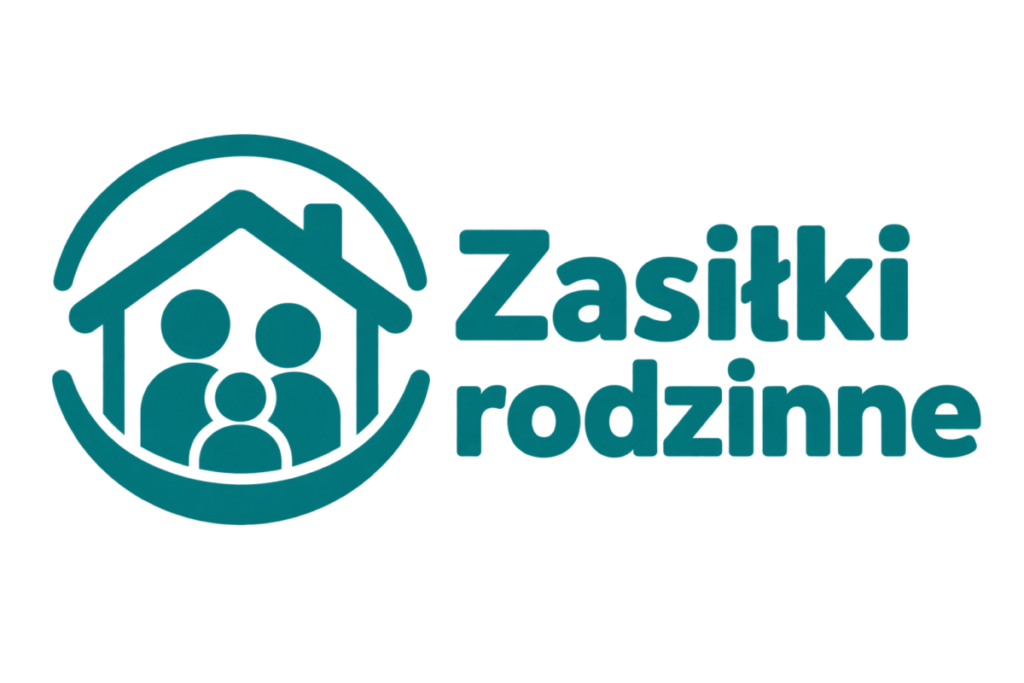 Logo z sylwetkami rodziny w domu, napis Zasiłki Rodzinne obok. Kolor: ciemnoturkusowy na białym tle.
