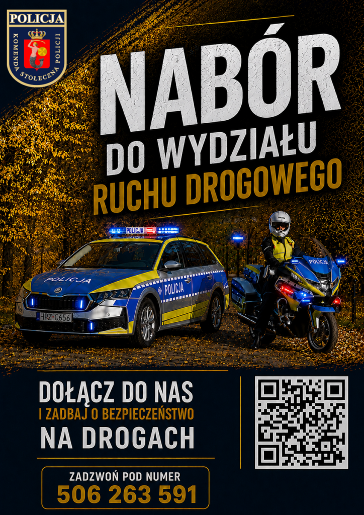 Niebiesko-żółty radiowóz i motocykl policji na tle złotych liści. Tekst zaprasza do dołączenia do wydziału ruchu drogowego. Widoczny numer telefonu i kod QR.
