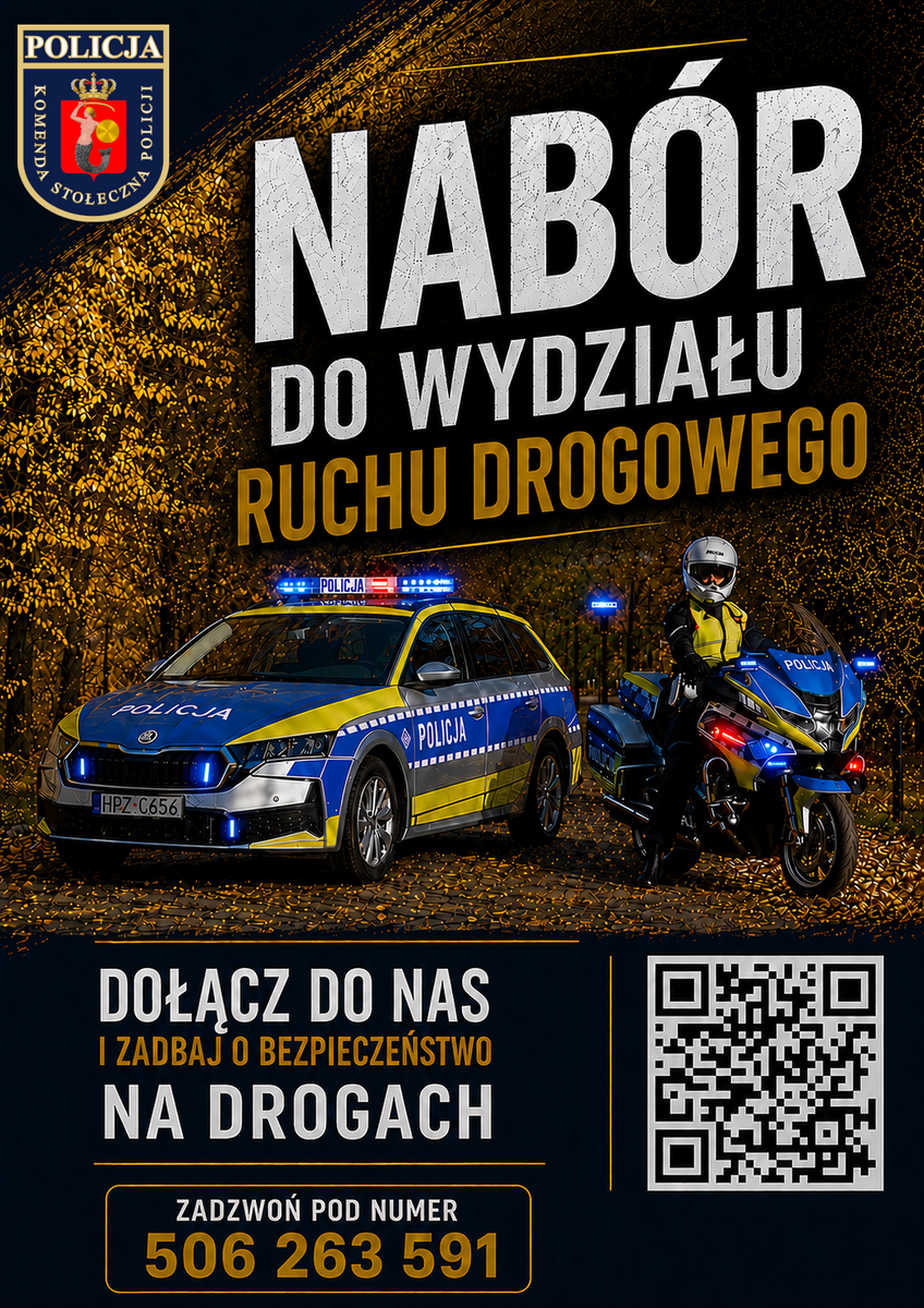Niebiesko-żółty radiowóz i motocykl policji na tle złotych liści. Tekst zaprasza do dołączenia do wydziału ruchu drogowego. Widoczny numer telefonu i kod QR.