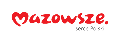 Logo Mazowsza z czerwonym napisem Mazowsze i mniejszym czarnym tekstem serce Polski na białym tle.