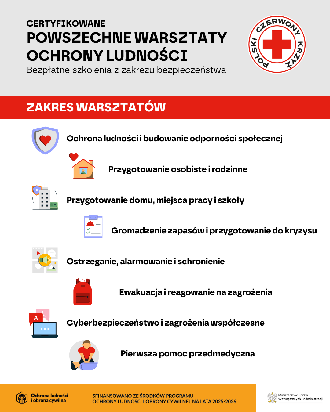 Plakat informuje o certyfikowanych warsztatach ochrony ludności. Na szarym tle widnieje czerwony napis i logo PCK. Zawiera 8 ikon i tematy warsztatów dotyczące bezpieczeństwa.