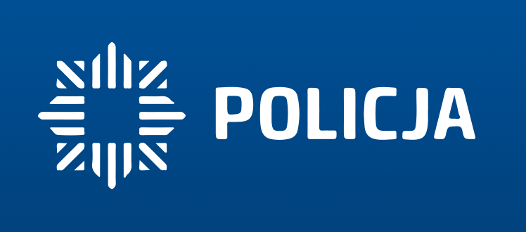 Logo polskiej policji na niebieskim tle. Biały napis POLICJA obok stylizowanego symbolu gwiazdy. Tło jednolite, ciemnoniebieskie.