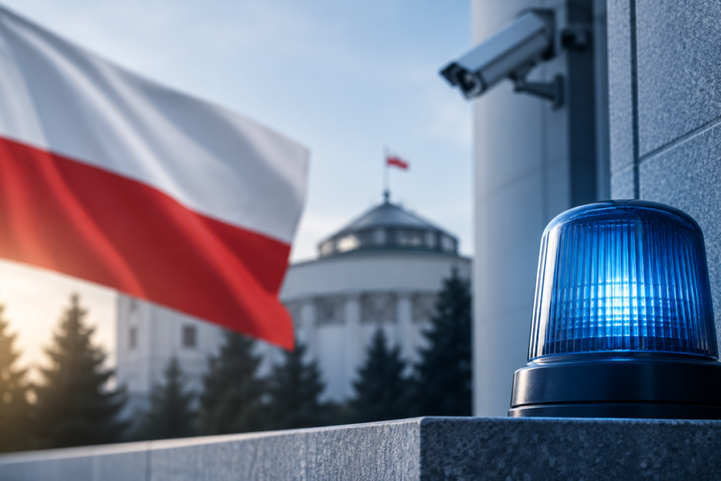 Flaga Polski i niebieski sygnał świetlny na tle budynku. Obok znajduje się kamera, a w tle widać drzewa i kopułę. Dominuje biało-czerwony i niebieski kolor.