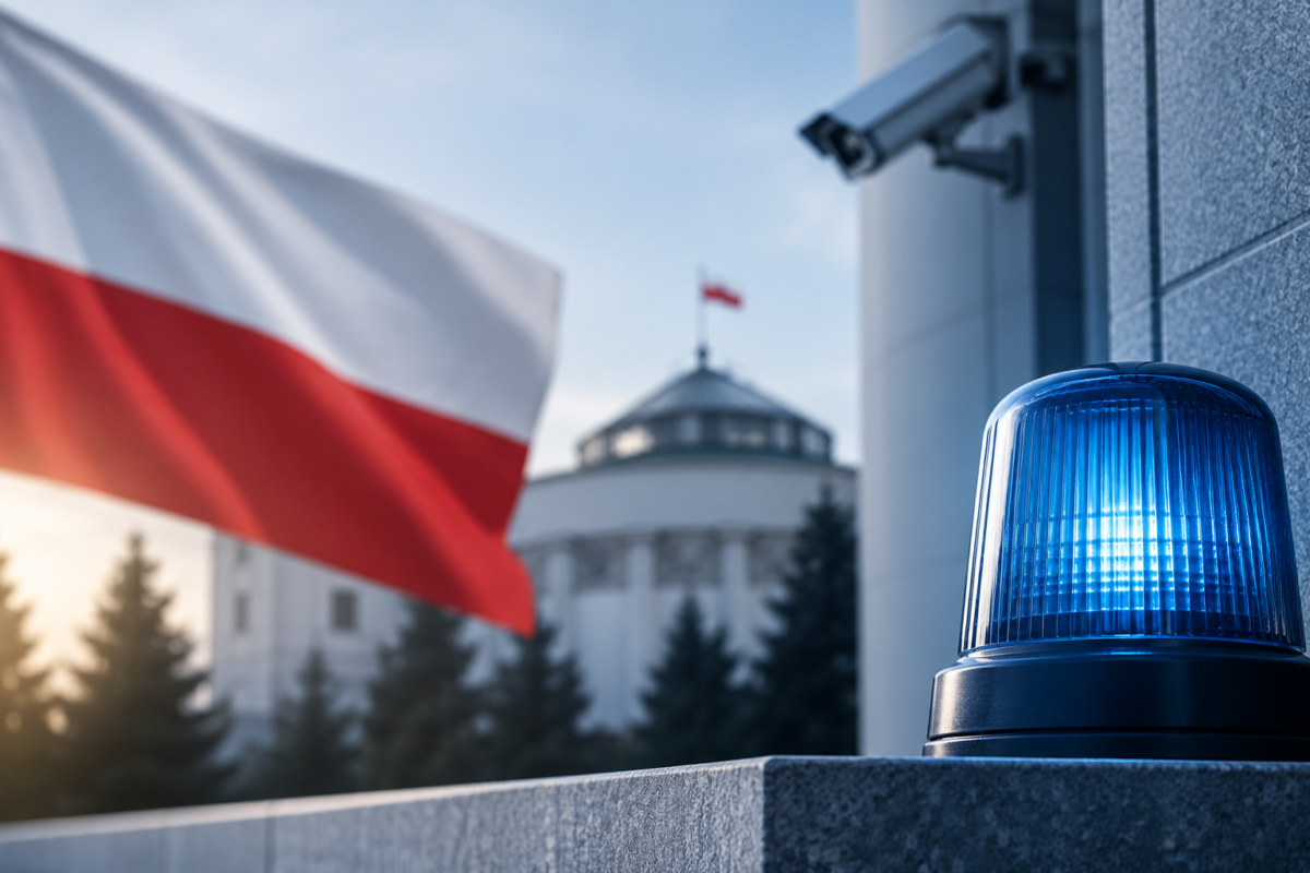 Flaga Polski i niebieski sygnał świetlny na tle budynku. Obok znajduje się kamera, a w tle widać drzewa i kopułę. Dominuje biało-czerwony i niebieski kolor.