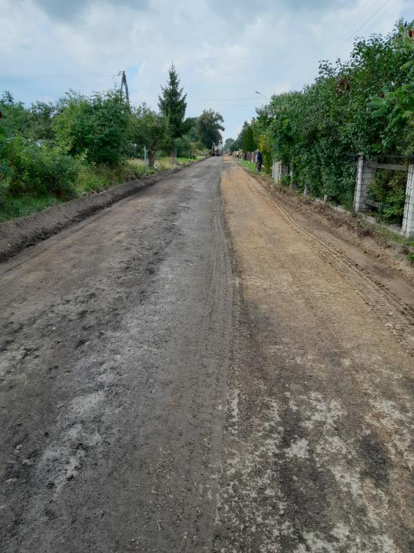 Droga gruntowa z wyraźnymi śladami opon. Po bokach zielone krzewy i drzewa. Niebo zachmurzone, w tle widoczne słupy.