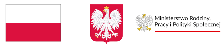 Na środku polska flaga biało-czerwona. Obok herb Polski z białym orłem na czerwonym tle. Po prawej logo Ministerstwa Rodziny, Pracy i Polityki Społecznej.