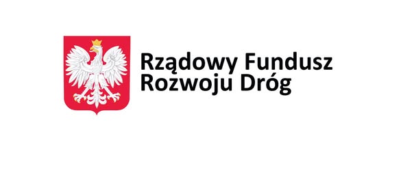 Czerwony herb z białym orłem po lewej, obok czarny napis Rządowy Fundusz Rozwoju Dróg na białym tle.
