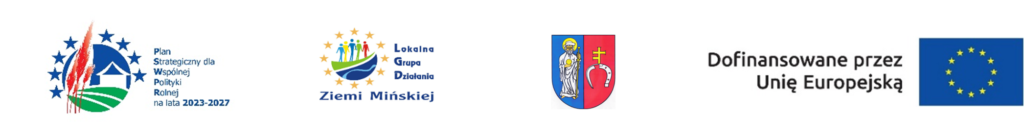 Obraz przedstawia cztery logotypy na białym tle. Pierwszy to logo Plan Strategiczny, obok Lokalna Grupa Działania Ziemi Mińskiej. Następnie herb z postacią i logo UE z napisami.