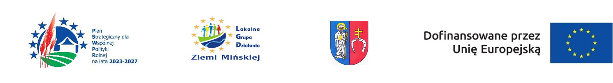 Obraz przedstawia cztery logotypy na białym tle. Pierwszy to logo Plan Strategiczny, obok Lokalna Grupa Działania Ziemi Mińskiej. Następnie herb z postacią i logo UE z napisami.