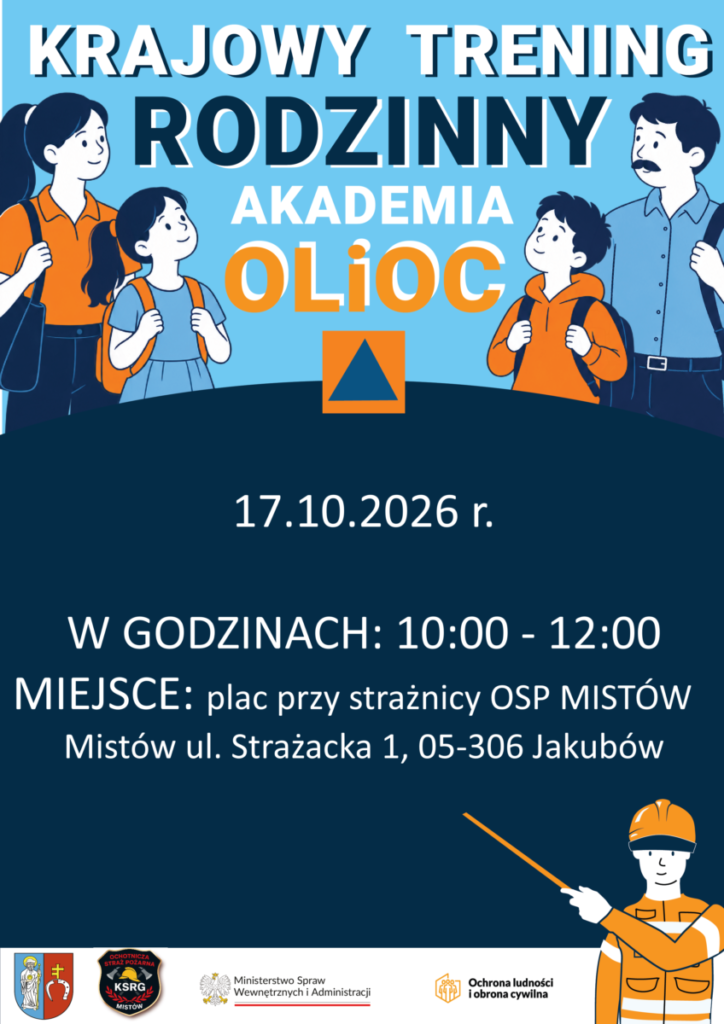 Plakat promuje Krajowy Trening Rodzinny na niebieskim tle. Widoczne postacie animowane i pomarańczowe akcenty. Wydarzenie odbędzie się 17.10.2026 w Mistowie.