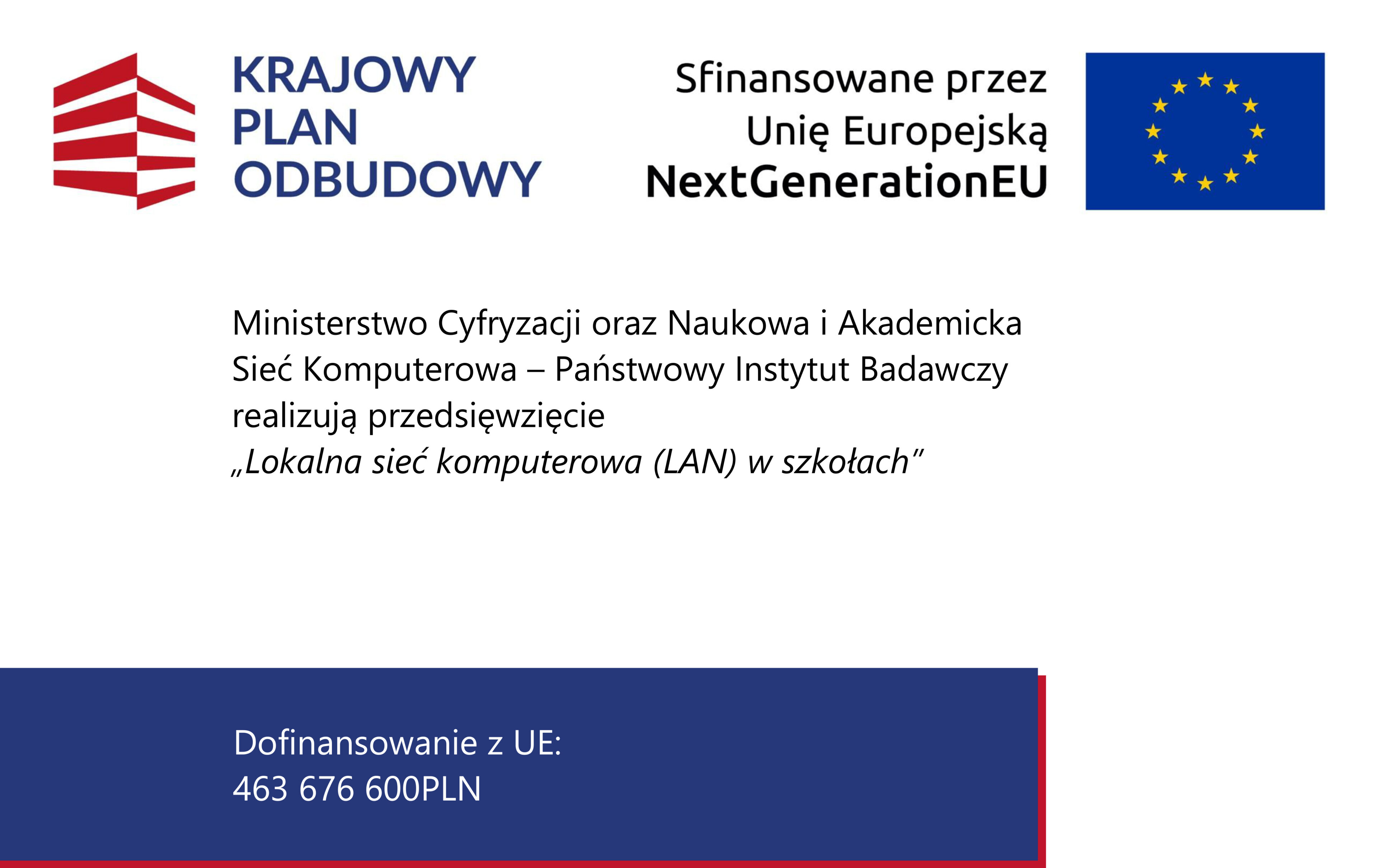 Plakat informuje o projekcie „Lokalna sieć komputerowa w szkołach”, z logo EU i polskiego programu. Tło białe z niebieskim paskiem u dołu. Szary tekst, czerwone oraz niebieskie akcenty.